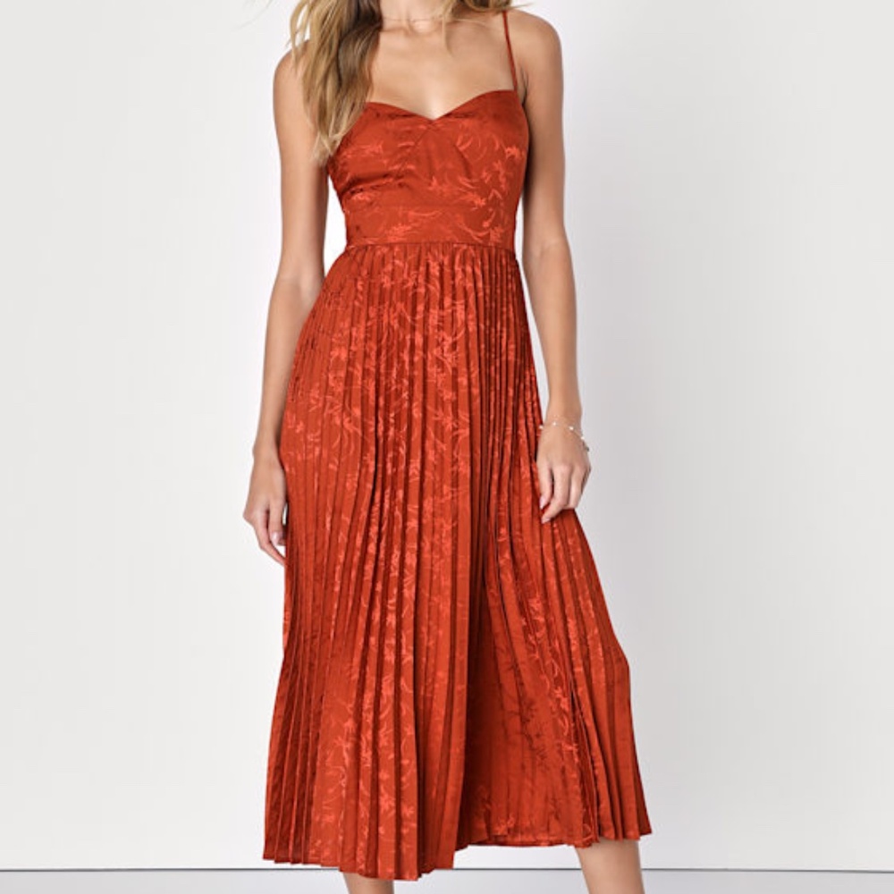 Lulus Regal Romance Rust Floral Jacquard Pleated Satin Midi Dress Orange